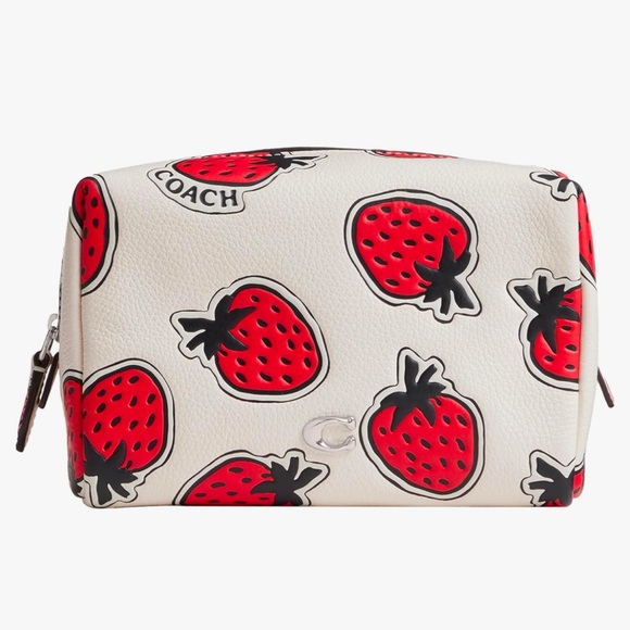 Coach Essential Cosmetic Pouch With Strawberry Print in Chalk Pebble Leather NWT - Picture 9 of 14